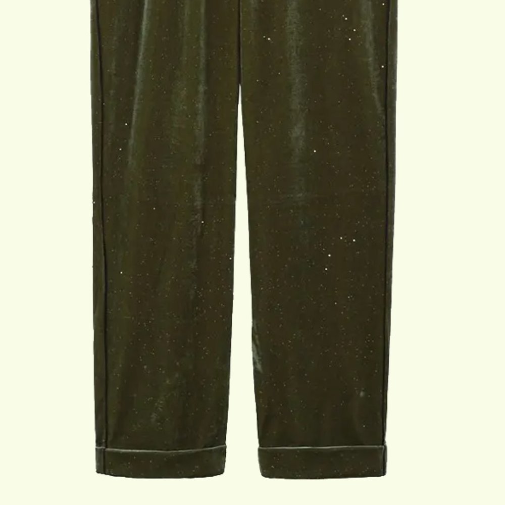 NEW FRNCH Women Glitter Velvet Olive V Neck Wrap Jumpsuit Long Sleeve Pants - Picture 7 of 7